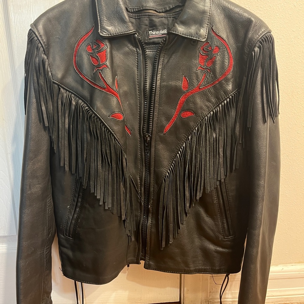 3M Thinsulate Black Leather Jacket with Red Floral Embroidery